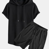 Knitted Waffle Arc Hem Hooded T-Shirt & Drawstring Waffle Shorts