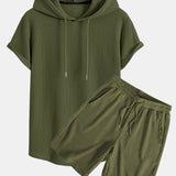 Knitted Waffle Arc Hem Hooded T-Shirt & Drawstring Waffle Shorts