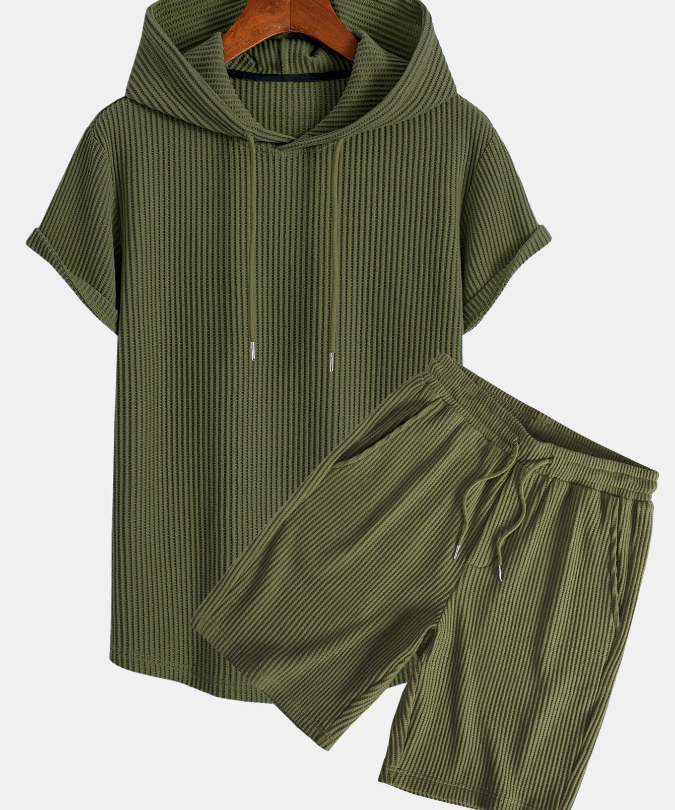 Knitted Waffle Arc Hem Hooded T-Shirt & Drawstring Waffle Shorts