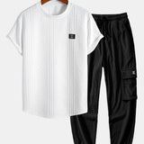 Short Sleeve Geometric Jacquard Arc Hem T-Shirt & Drawstring Corduroy Cargo Jogger Pants