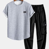 Short Sleeve Geometric Jacquard Arc Hem T-Shirt & Drawstring Corduroy Cargo Jogger Pants