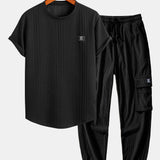Short Sleeve Geometric Jacquard Arc Hem T-Shirt & Drawstring Corduroy Cargo Jogger Pants