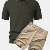 Wave Jacquard Knit V Neck Polo Shirt & Cotton Chino Shorts