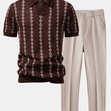 Geometric Knit V Neck Polo Shirt & Slim Fit Tapered Trousers