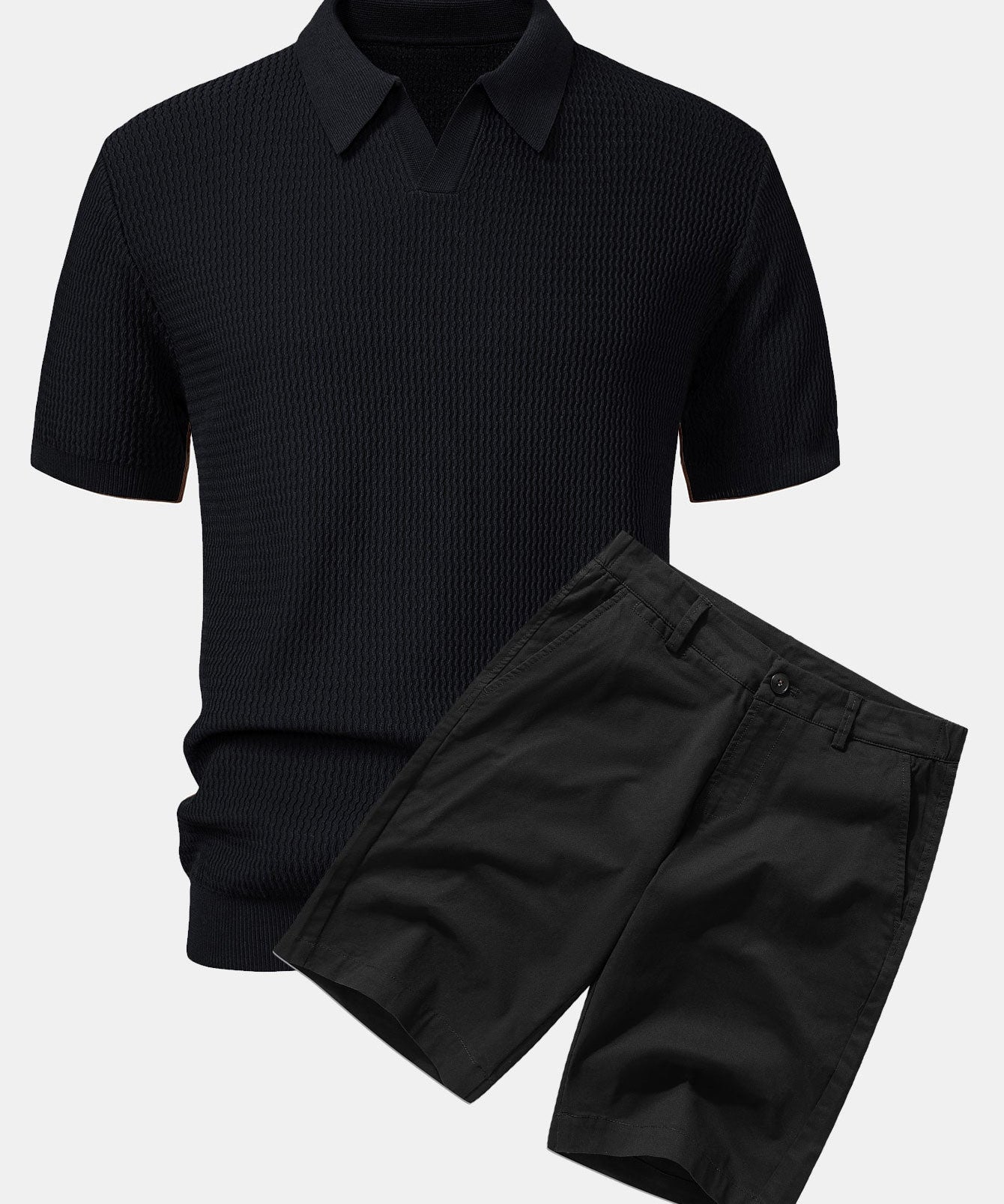 Wave Jacquard Knit V Neck Polo Shirt & Cotton Chino Shorts