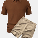 Wave Jacquard Knit V Neck Polo Shirt & Cotton Chino Shorts