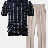 Geometric Knit V Neck Polo Shirt & Slim Fit Tapered Trousers