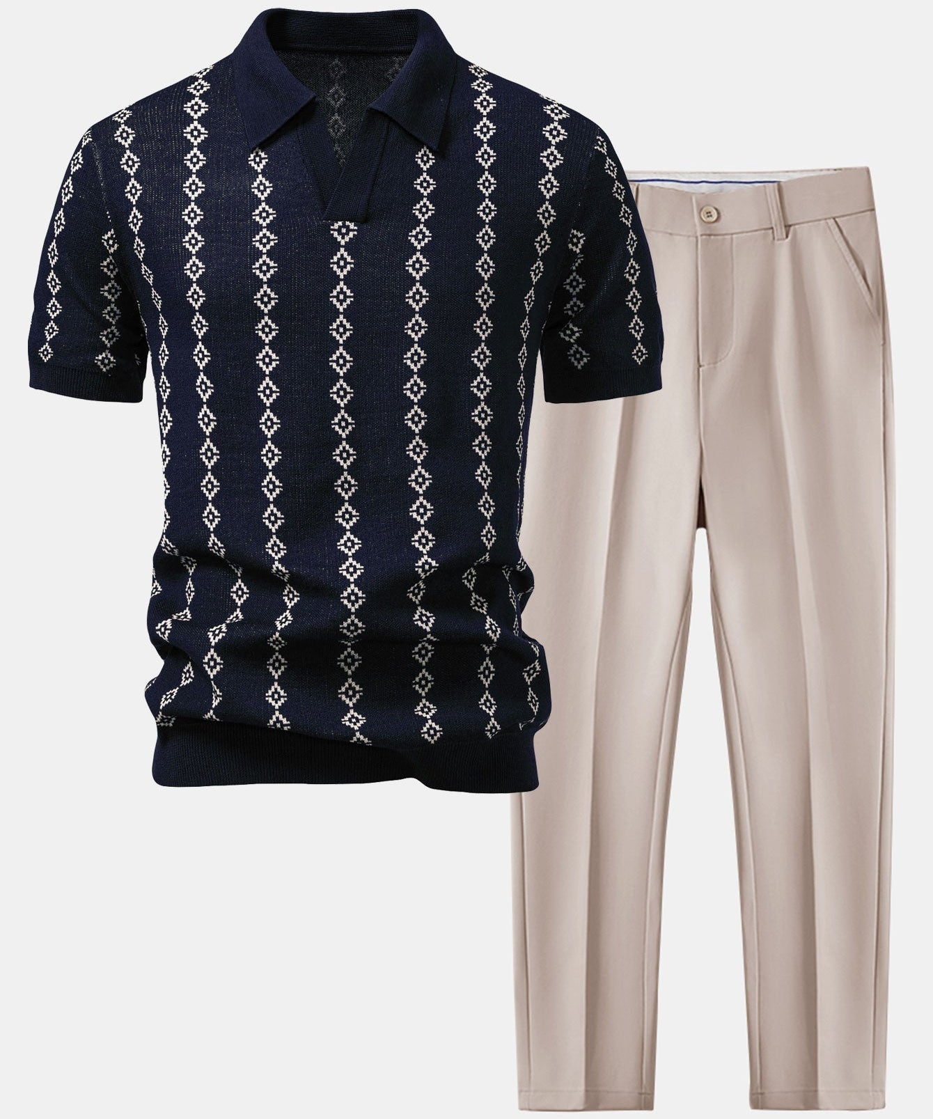 Geometric Knit V Neck Polo Shirt & Slim Fit Tapered Trousers
