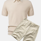 Wave Jacquard Knit V Neck Polo Shirt & Cotton Chino Shorts