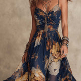 Navy Blue Chiffon Floral Print Spaghetti Strap Maxi Dress