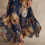 Navy Blue Chiffon Floral Print Spaghetti Strap Maxi Dress