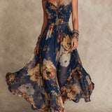 Navy Blue Chiffon Floral Print Spaghetti Strap Maxi Dress