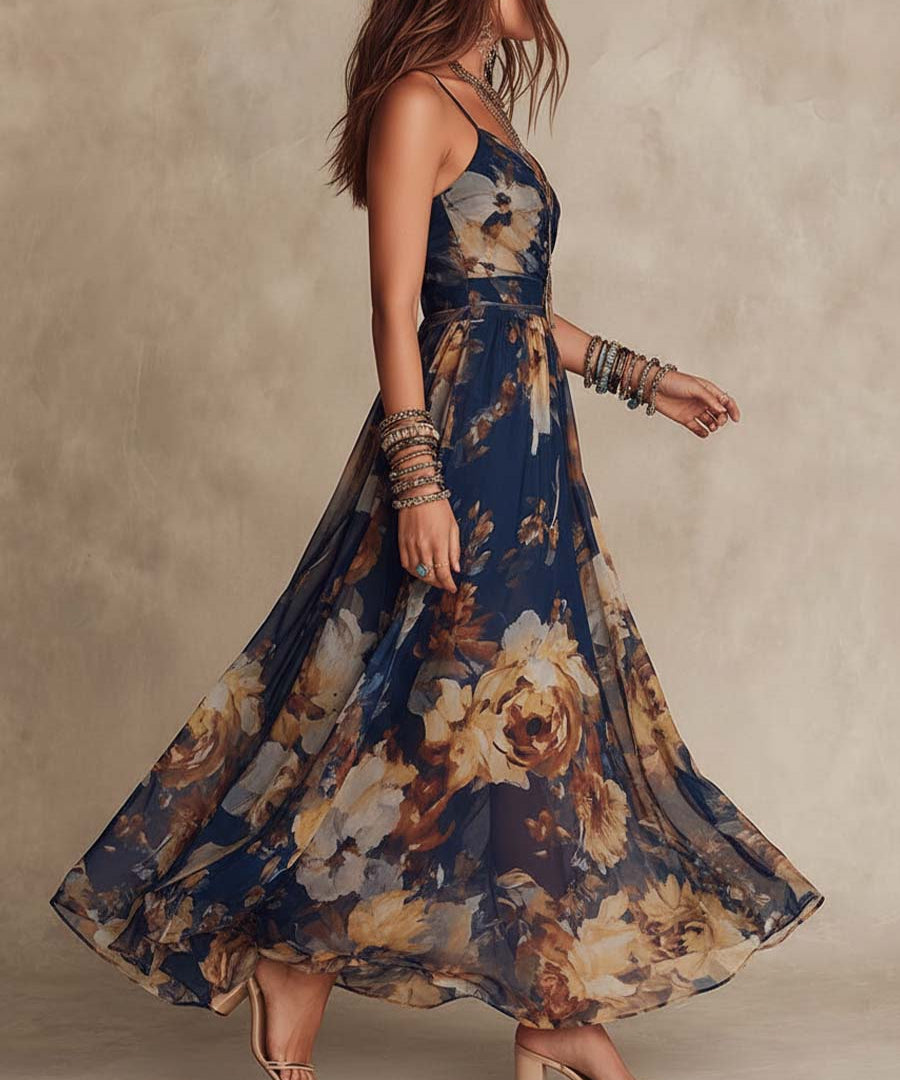 Navy Blue Chiffon Floral Print Spaghetti Strap Maxi Dress