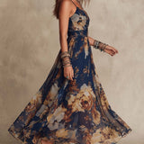 Navy Blue Chiffon Floral Print Spaghetti Strap Maxi Dress