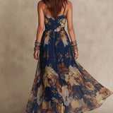 Navy Blue Chiffon Floral Print Spaghetti Strap Maxi Dress
