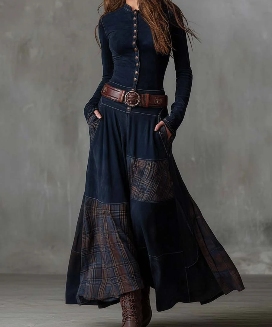 LEONE | VINTAGE LONG SUEDE CHECKERED DRESS (INCLUDES BELT)