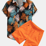 Leaf Print Button Up Shirt & Man Mid Length Drawstring Swim Shorts