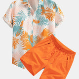Leaf Print Button Up Shirt & Man Mid Length Drawstring Swim Shorts