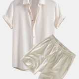 Waffle Button Up Shirt & Linen Cotton Blend Drawstring Shorts