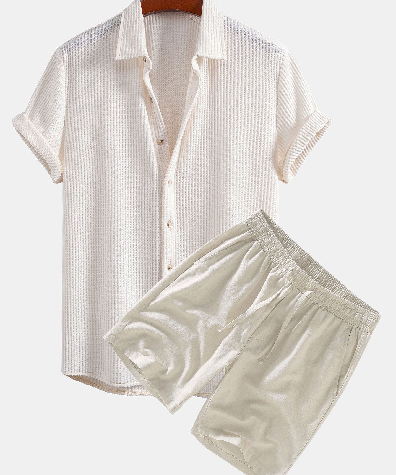 Waffle Button Up Shirt & Linen Cotton Blend Drawstring Shorts