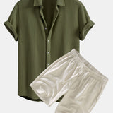 Waffle Button Up Shirt & Linen Cotton Blend Drawstring Shorts