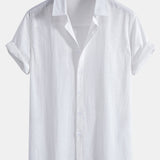 Linen Look Cotton Button Up Shirt & Stripe Print Swim Shorts