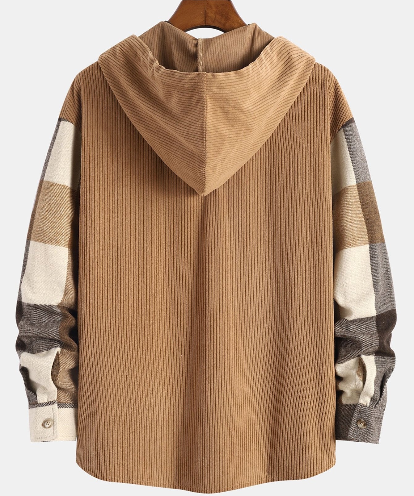 Relax Fit Flannel Plaid Corduroy Patchwork Hooded Shirt