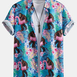 Tropical Plants And Orangutan Print Button Up Shirt & Swim Shorts