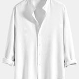 Long Sleeve Muscle Fit Ribbed Stand Collar Shirt & Straight Leg Linen Pants