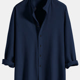 Long Sleeve Muscle Fit Ribbed Stand Collar Shirt & Straight Leg Linen Pants