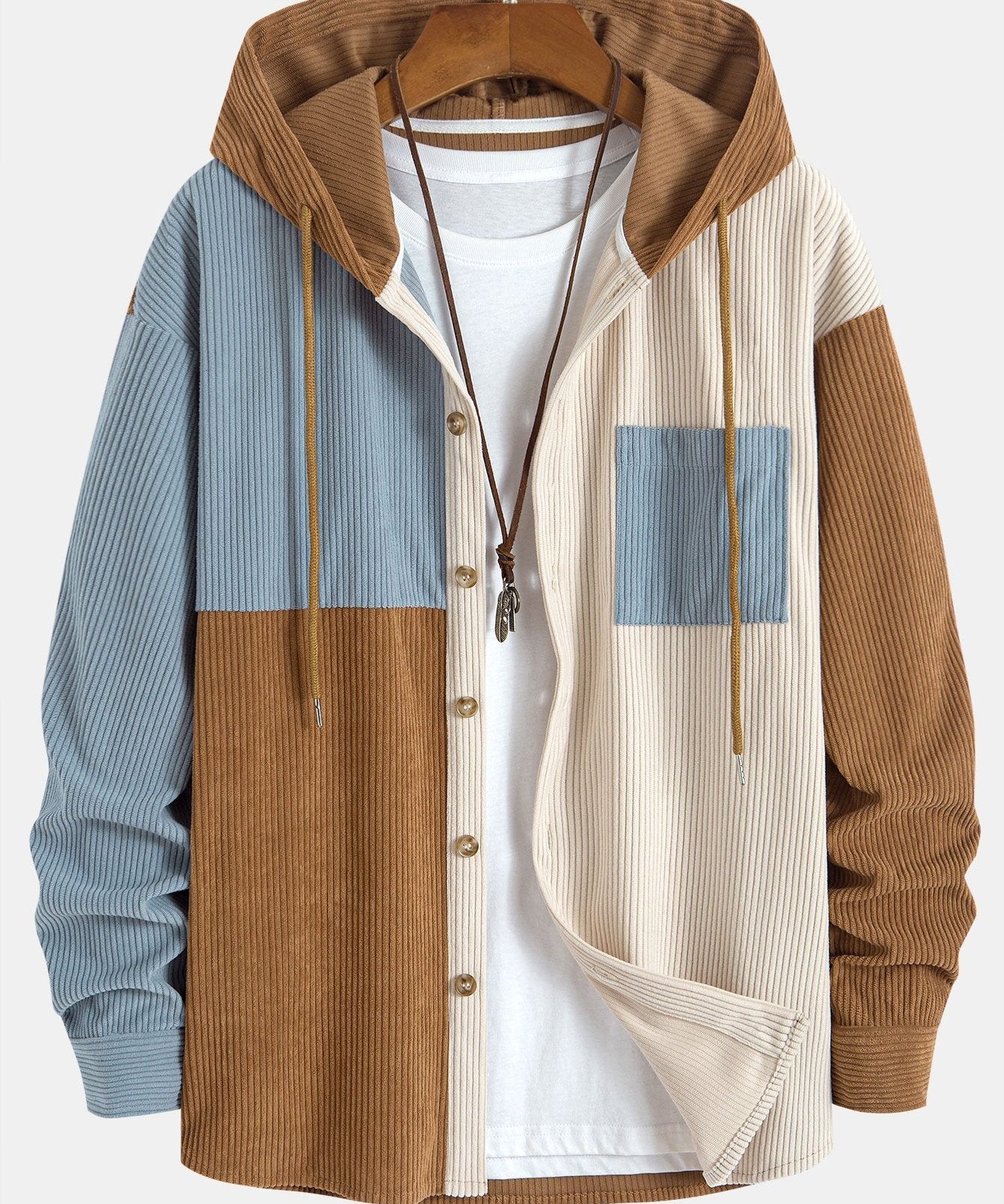 Relax Fit Colorblock Corduroy Hooded Shirt & Drawstring Corduroy Cargo Jogger Pants