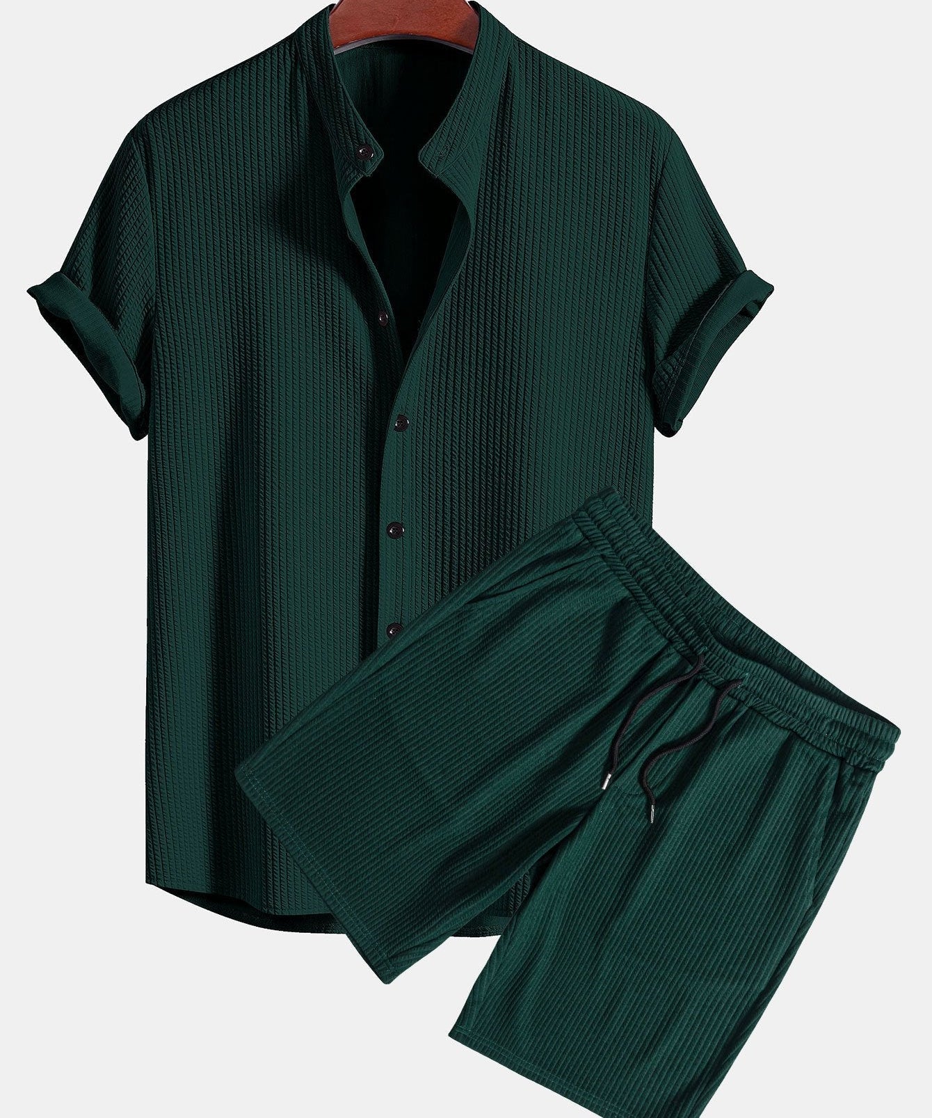 Muscle Fit Ribbed Stand Collar Shirt & Shorts