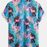 Tropical Plants And Orangutan Print Button Up Shirt & Swim Shorts